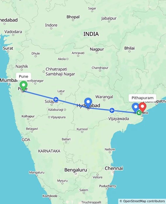 Route map showing distance and travel time from Pune, India to Pithapuram, India