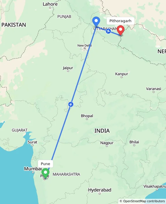 Route map showing distance and travel time from Pune, India to Pithoragarh, India