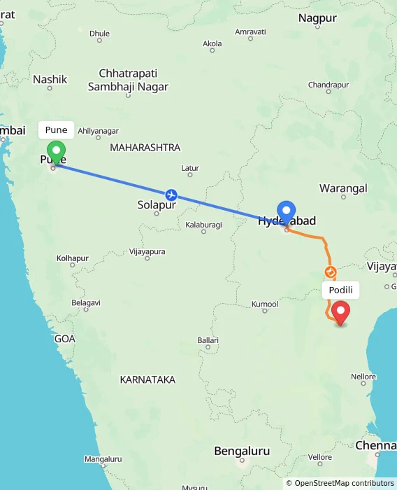 Route map showing distance and travel time from Pune, India to Podili, India