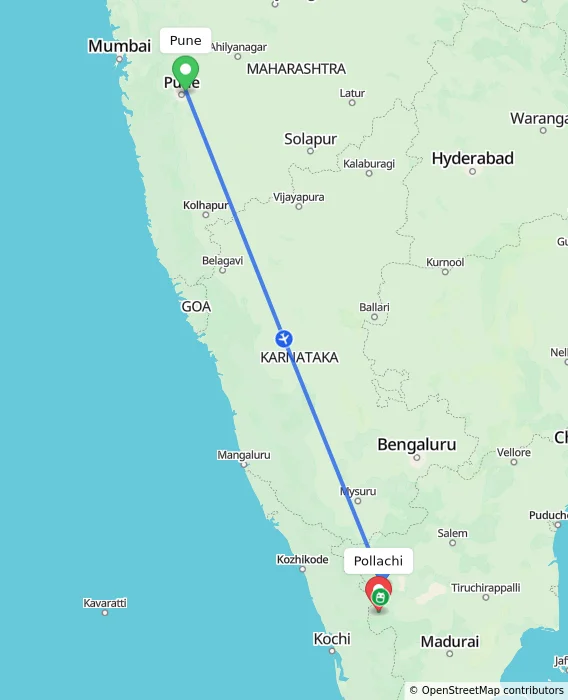 Route map showing distance and travel time from Pune, India to Pollachi, India