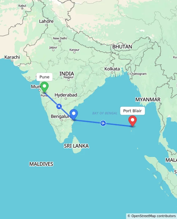 Route map showing distance and travel time from Pune, India to Port Blair, India