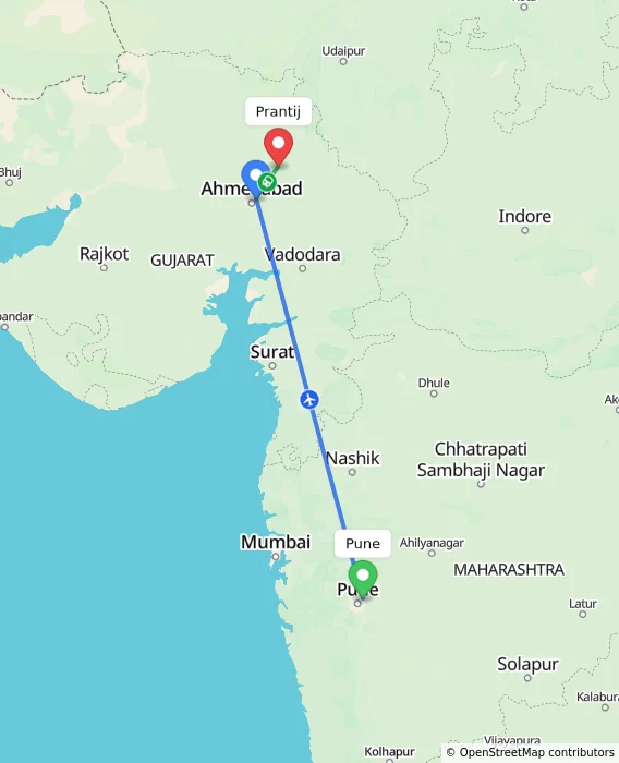 Route map showing distance and travel time from Pune, India to Prantij, India