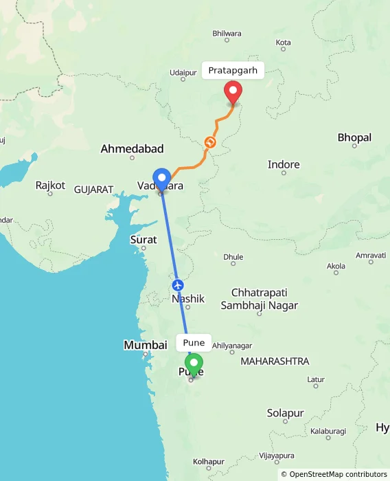 Route map showing distance and travel time from Pune, India to Pratapgarh, India
