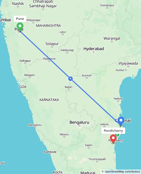 Route map showing distance and travel time from Pune, India to Puducherry, India