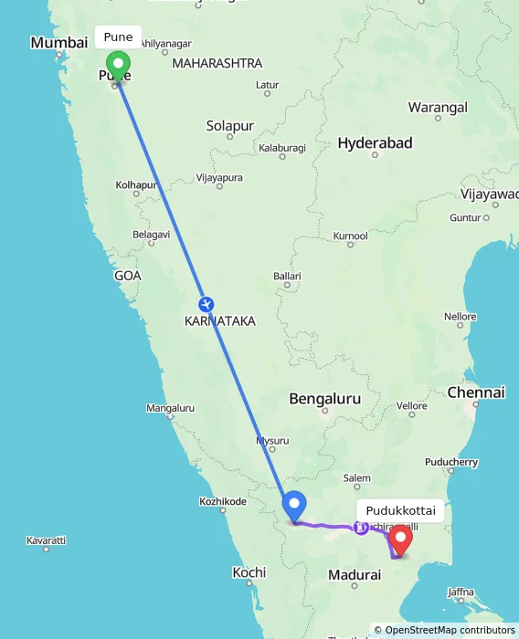Route map showing distance and travel time from Pune, India to Pudukkottai, India
