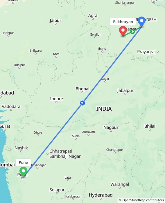 Route map showing distance and travel time from Pune, India to Pukhrayan, India