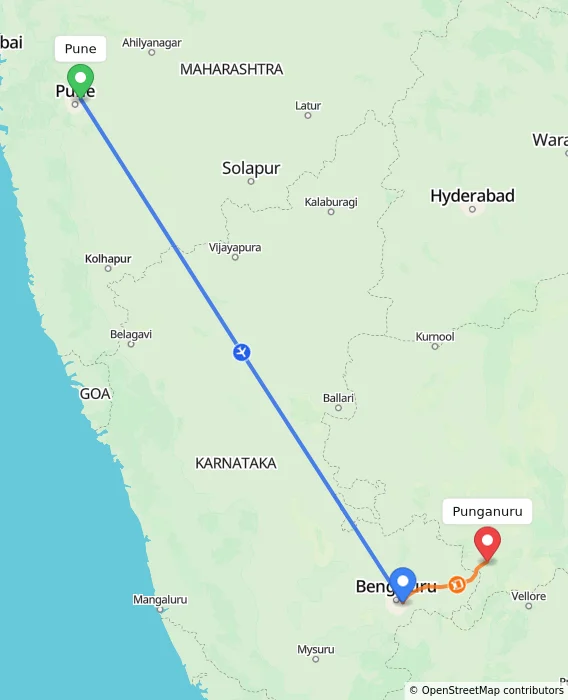 Route map showing distance and travel time from Pune, India to Punganuru, India
