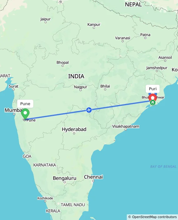 Route map showing distance and travel time from Pune, India to Puri, India