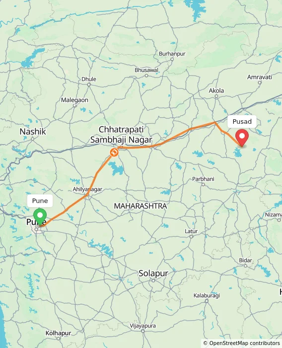Route map showing distance and travel time from Pune, India to Pusad, India