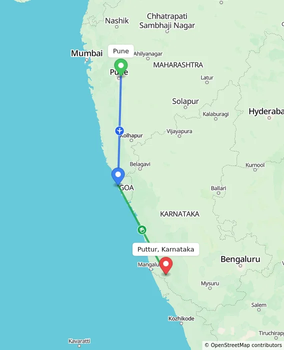 Route map showing distance and travel time from Pune, India to Puttur, Karnataka, India