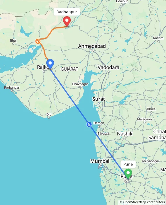 Route map showing distance and travel time from Pune, India to Radhanpur, India