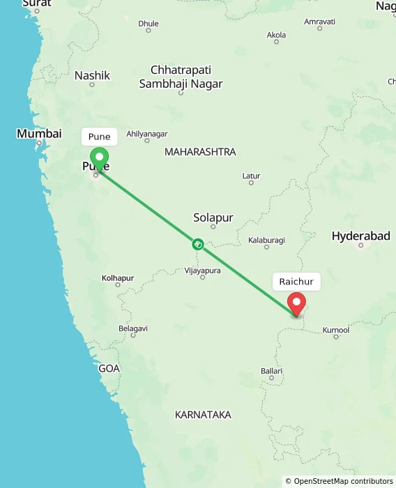 Route map showing distance and travel time from Pune, India to Raichur, India