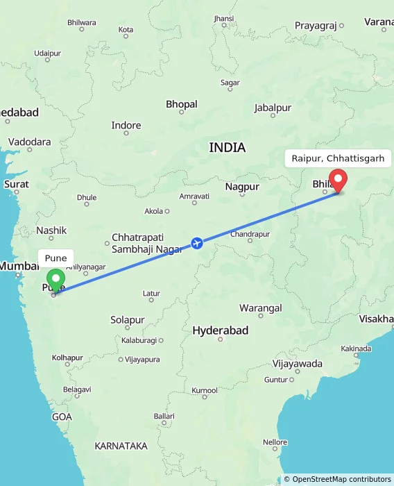 Route map showing distance and travel time from Pune, India to Raipur, Chhattisgarh, India