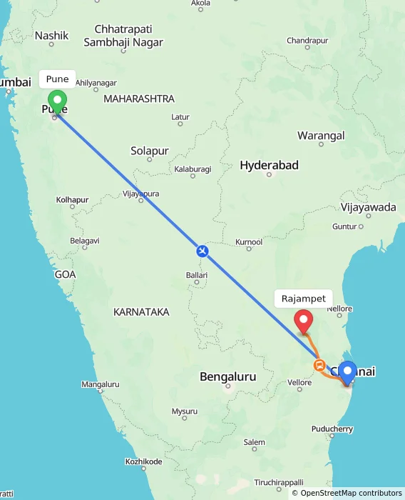 Route map showing distance and travel time from Pune, India to Rajampet, India