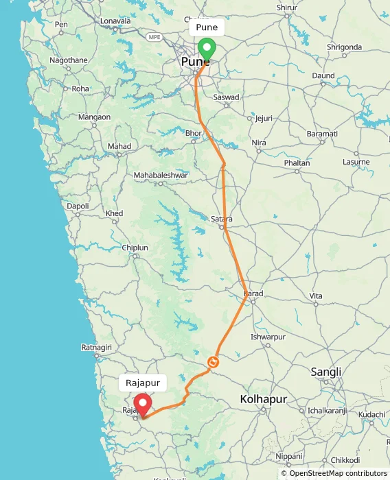 Route map showing distance and travel time from Pune, India to Rajapur, India