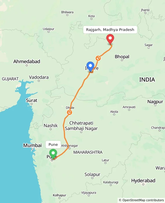 Route map showing distance and travel time from Pune, India to Rajgarh, Madhya Pradesh, India
