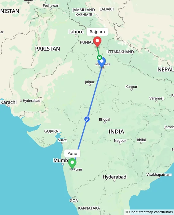 Route map showing distance and travel time from Pune, India to Rajpura, India
