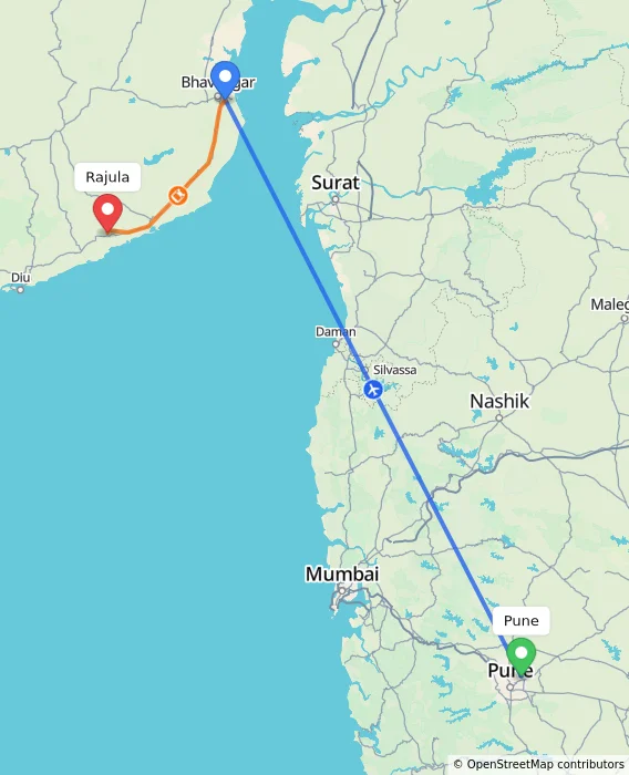 Route map showing distance and travel time from Pune, India to Rajula, India