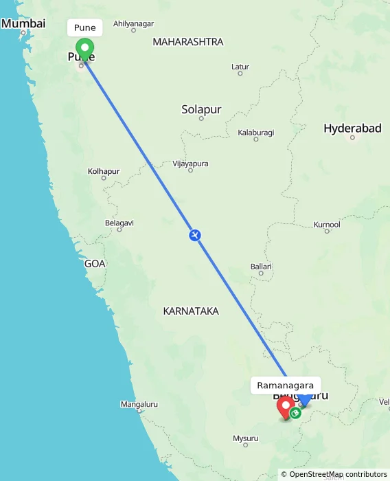 Route map showing distance and travel time from Pune, India to Ramanagara, India