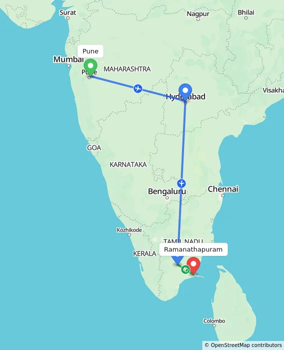 Route map showing distance and travel time from Pune, India to Ramanathapuram, India