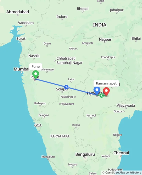 Route map showing distance and travel time from Pune, India to Ramannapet, India