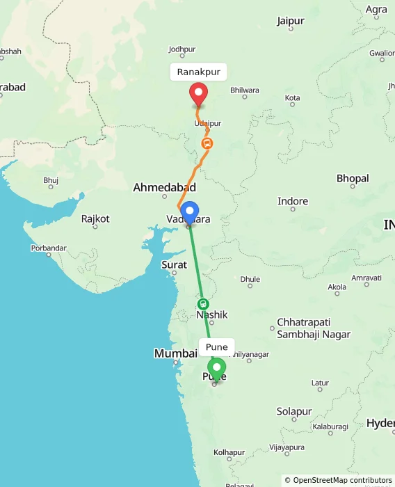 Route map showing distance and travel time from Pune, India to Ranakpur, India