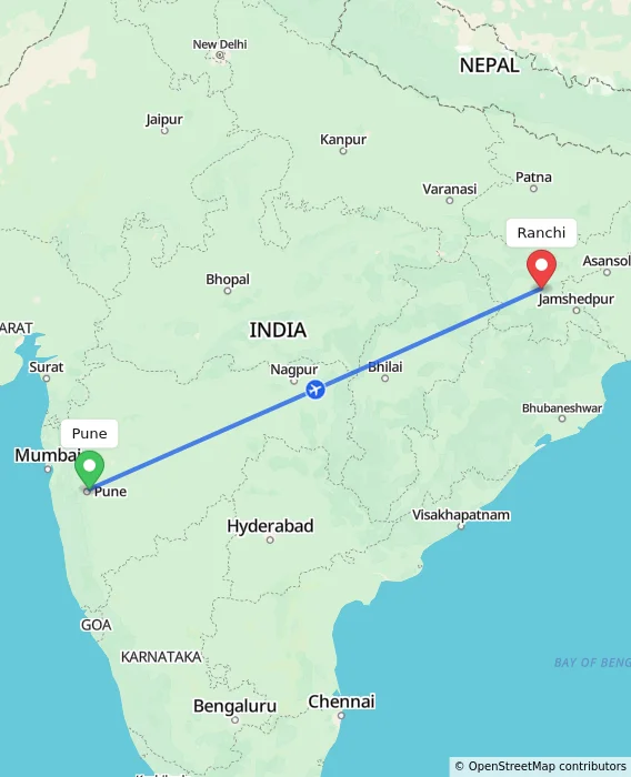Route map showing distance and travel time from Pune, India to Ranchi, India