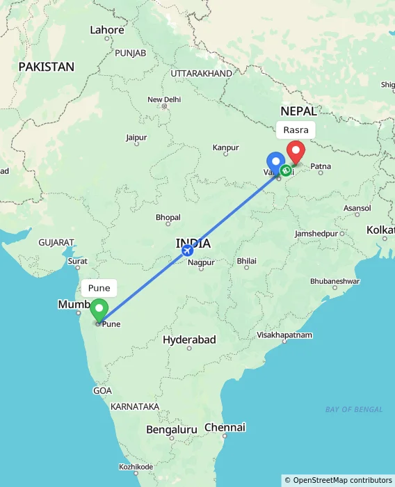 Route map showing distance and travel time from Pune, India to Rasra, India