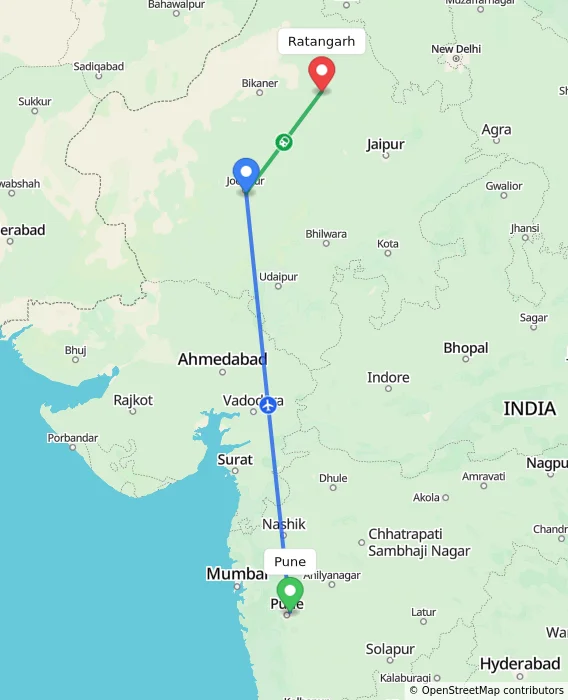 Route map showing distance and travel time from Pune, India to Ratangarh, India