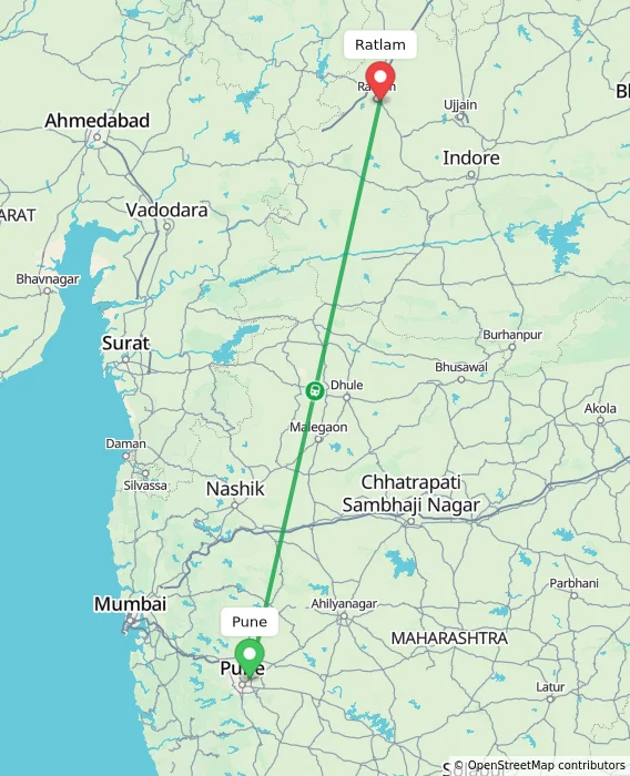 Route map showing distance and travel time from Pune, India to Ratlam, India