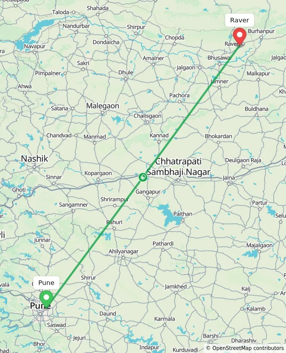 Route map showing distance and travel time from Pune, India to Raver, India
