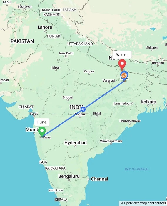 Route map showing distance and travel time from Pune, India to Raxaul, India