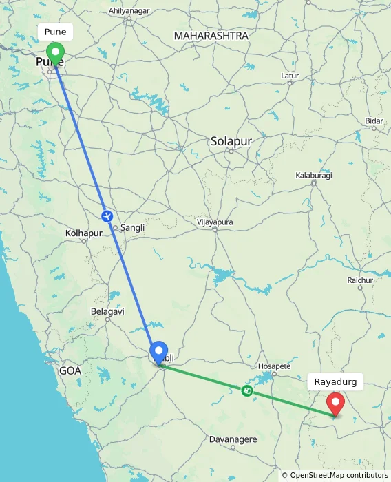 Route map showing distance and travel time from Pune, India to Rayadurg, India