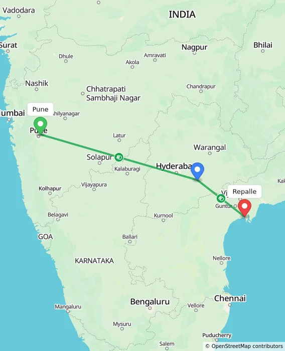 Route map showing distance and travel time from Pune, India to Repalle, India