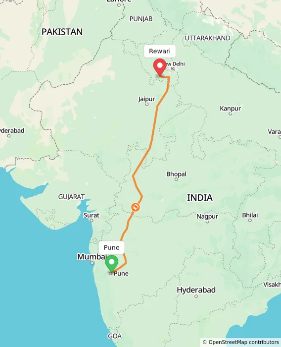 Route map showing distance and travel time from Pune, India to Rewari, India