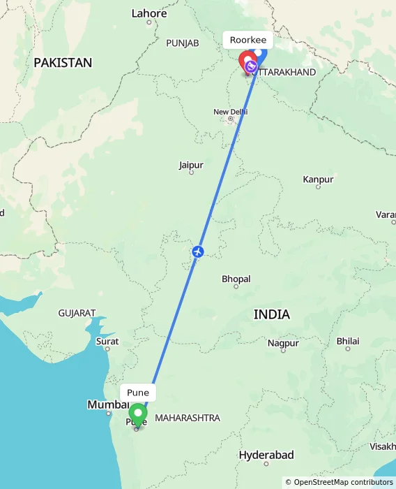 Route map showing distance and travel time from Pune, India to Roorkee, India