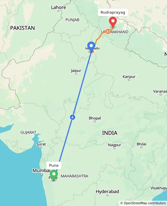 Route map showing distance and travel time from Pune, India to Rudraprayag, India