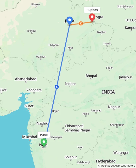 Route map showing distance and travel time from Pune, India to Rupbas, India