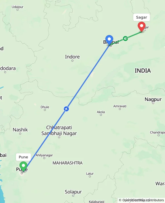 Route map showing distance and travel time from Pune, India to Sagar, India