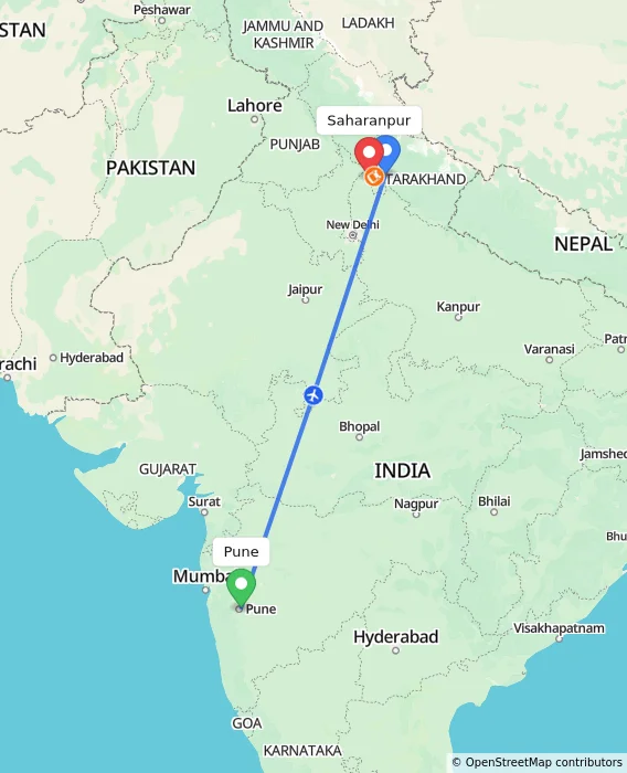 Route map showing distance and travel time from Pune, India to Saharanpur, India