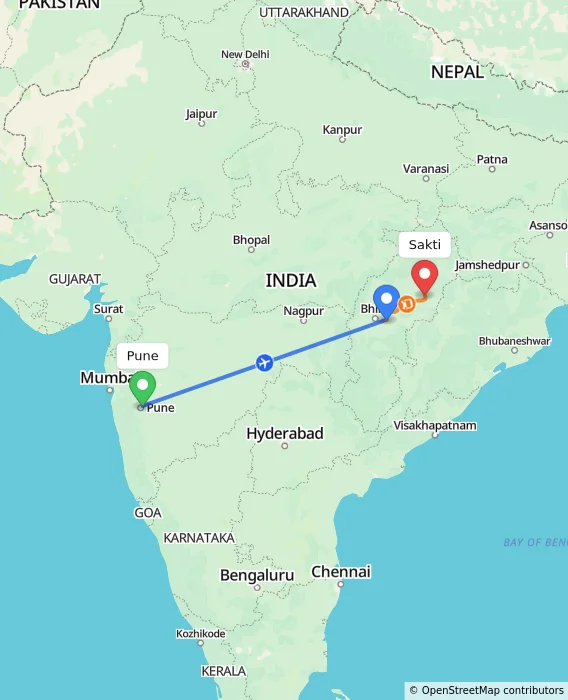 Route map showing distance and travel time from Pune, India to Sakti, India