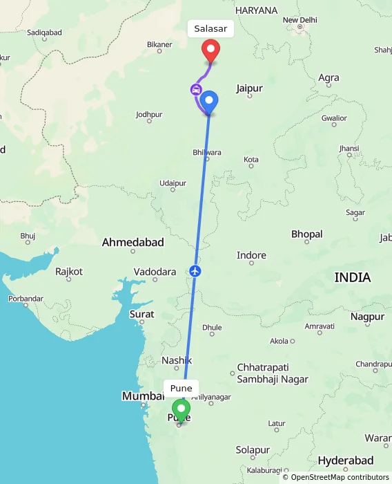 Route map showing distance and travel time from Pune, India to Salasar, India
