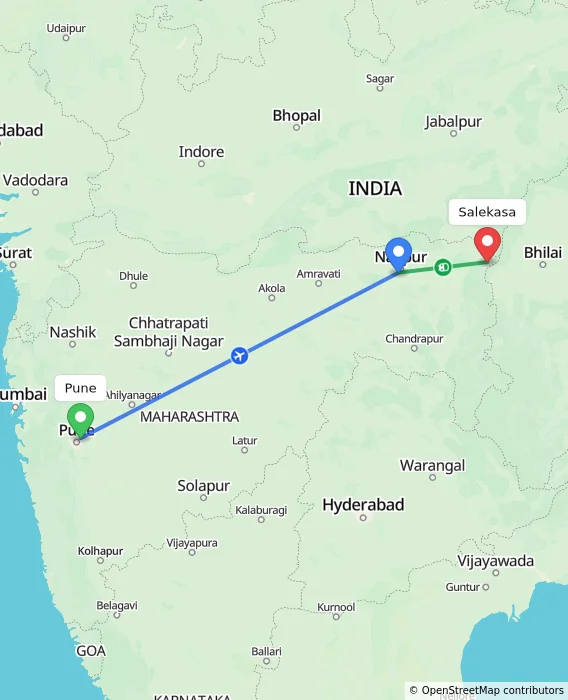Route map showing distance and travel time from Pune, India to Salekasa, India