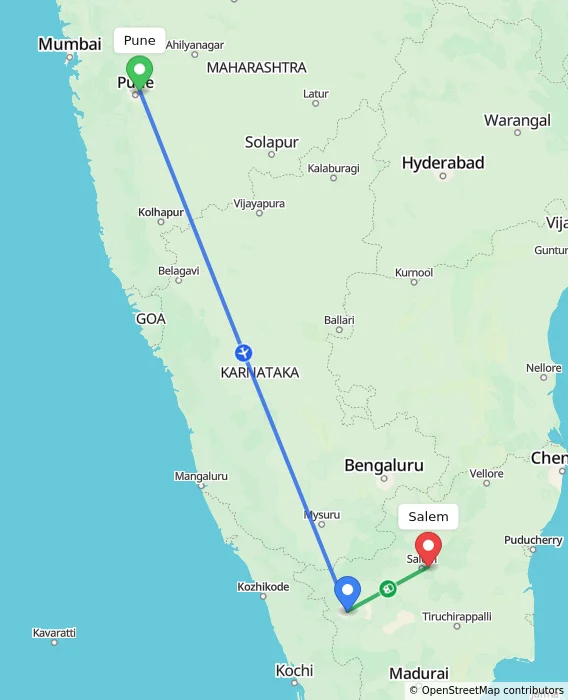 Route map showing distance and travel time from Pune, India to Salem, India