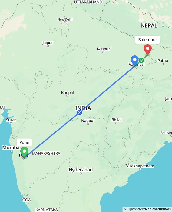 Route map showing distance and travel time from Pune, India to Salempur, India