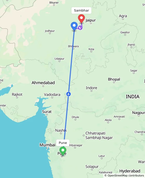Route map showing distance and travel time from Pune, India to Sambhar, India