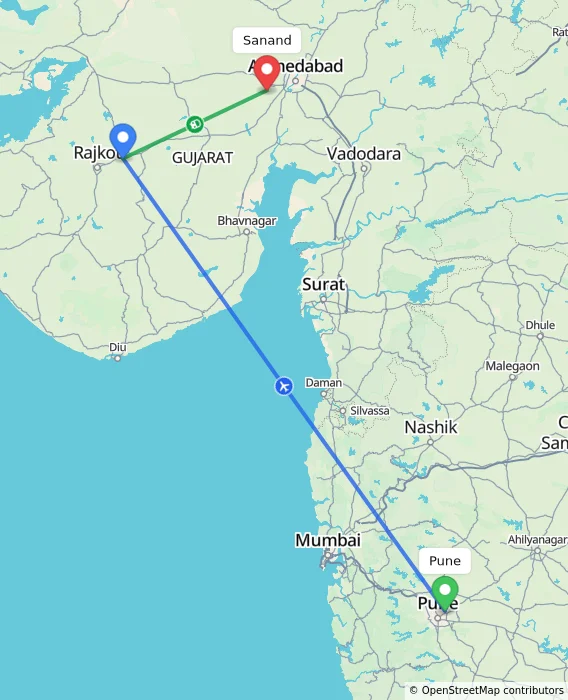 Route map showing distance and travel time from Pune, India to Sanand, India