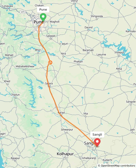 Route map showing distance and travel time from Pune, India to Sangli, India