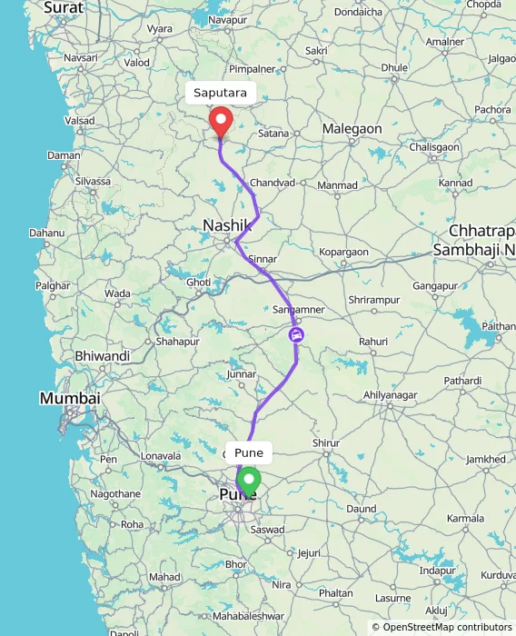 Route map showing distance and travel time from Pune, India to Saputara, India