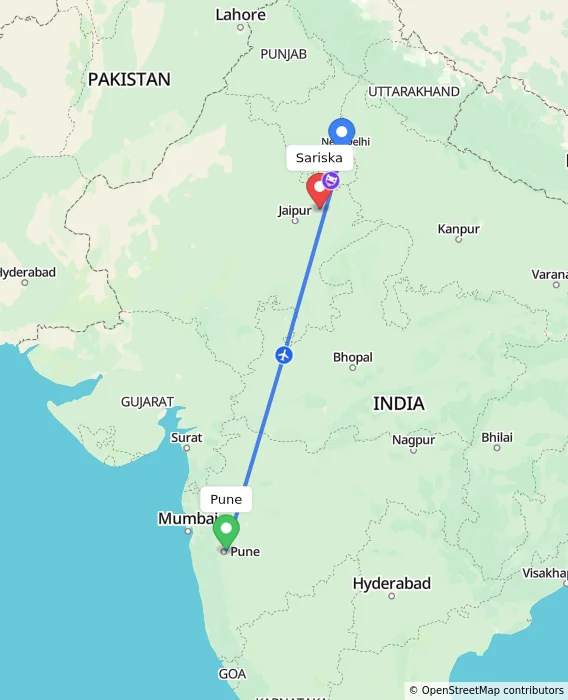 Route map showing distance and travel time from Pune, India to Sariska, India
